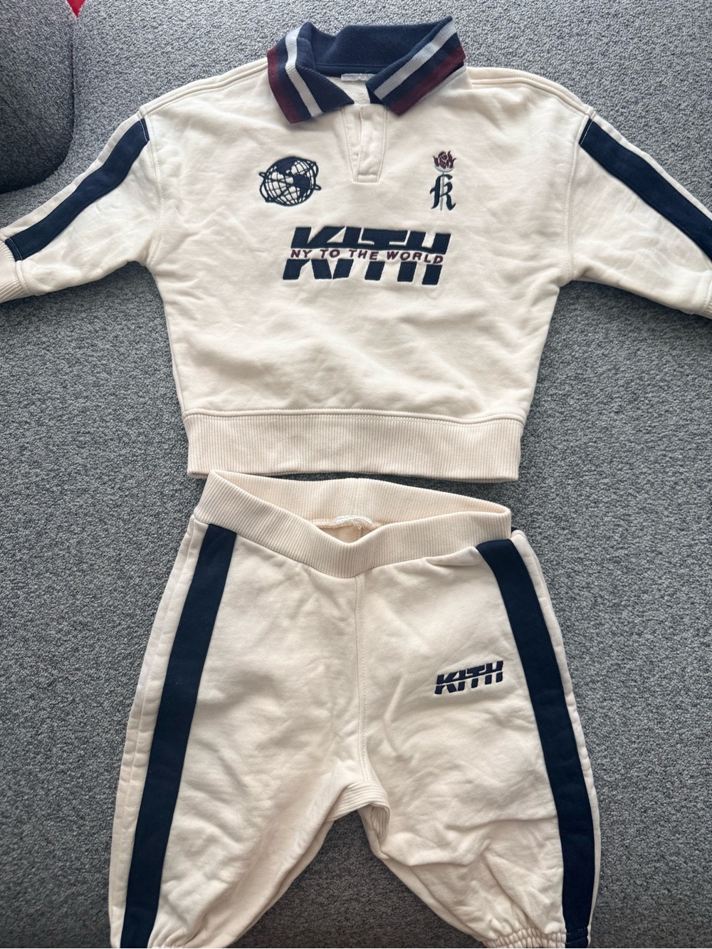 Kith Cream & Navy Striped Collar Cropped Sweatshirt Set